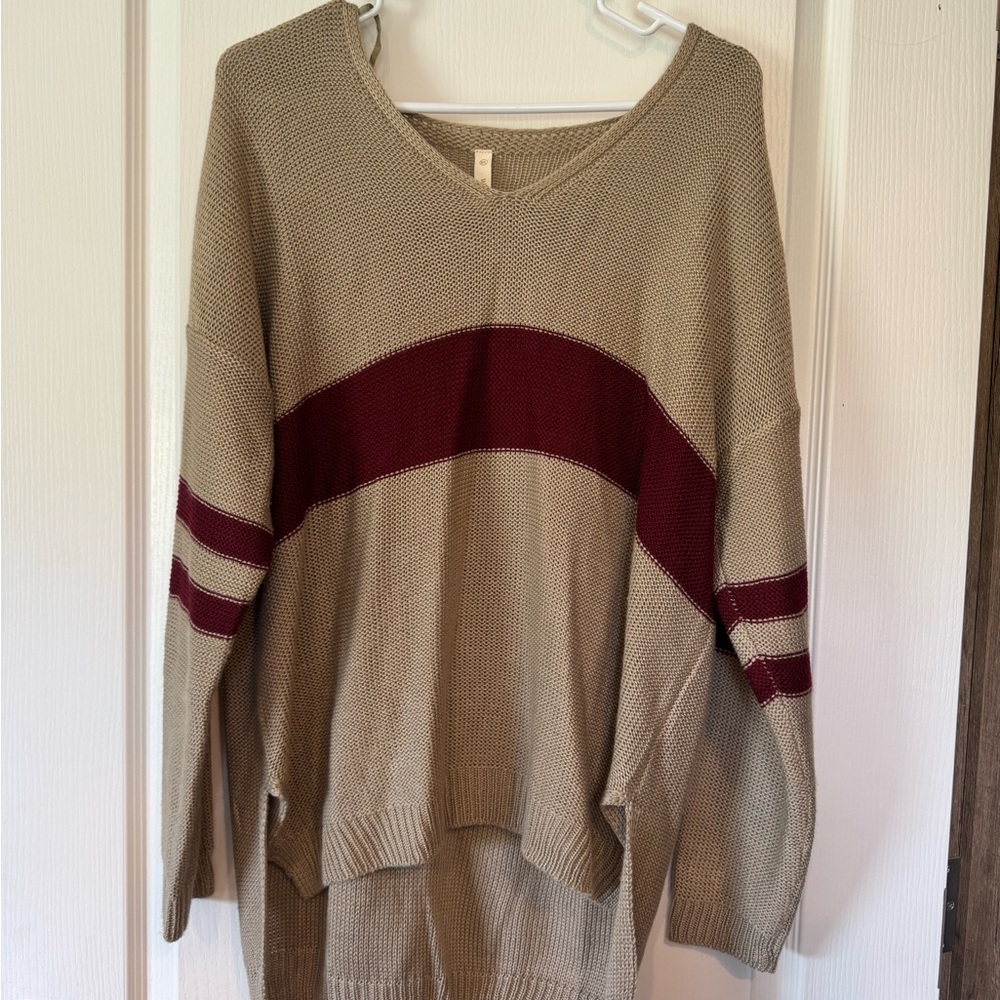 Beige and Burgundy Women's Sweater